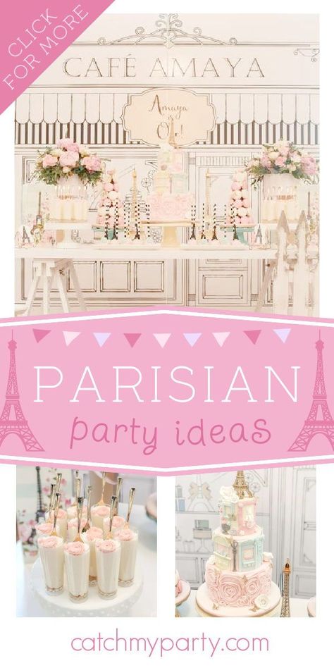 Take a look at this beautiful Parisian tea party-themed birthday! The dessert table will blow you away! See more party ideas and share yours at CatchMyParty.com Girls Paris Birthday Party, Parisian Birthday Party Kids, Parisian First Birthday Party, Paris Theme Birthday Party Ideas, Parisian Style Party, Paris Kids Party, French Birthday Party Ideas, Kids Tea Party Ideas, Paris Tea Party