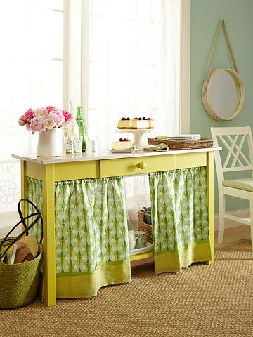 Add pretty curtains to a console table to hide storage. Make curtains by sewing a rod pocket, or use fusible webbing for a no-sew option. Embellish with a ribbon or a strip of coordinating scrap fabric along the bottom edge. Hang the curtains between the table legs using tension rods. Tension Rods, Pottery Barn Inspired, Diy Lamp, Redo Furniture, Design Case, Lamp Shades, Sewing Room, Schmidt, The Table