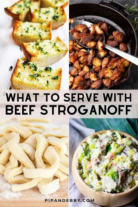 Collage of foods to pair with beef stroganoff. Recipe For Beef Stroganoff, Beef Mac And Cheese, Best Beef Recipes, Stroganoff Recipe, Side Dishes Recipes, Pot Roast Recipes, Tender Beef, Beef And Noodles, Beef Casserole