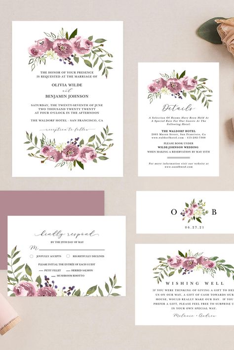 Mauve Wedding Invites, Mauve Wedding Invitations, Boho Wedding Invite, Template Wedding Invitation, Wedding Invite Template, Invite Suite, Wedding Invitation Etiquette, Mauve Wedding, Advice For Bride