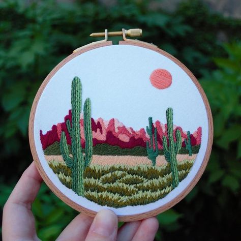 Caitlin Rose on Instagram: "The thing about embroidery, more often than not, is the longer you spend on it the better it turns out. The more you sketch and plan, the more carefully you trace, the more meticulously you place your stitches, usually the higher quality of a product you’ll end up with. It’s hard to sell that kind of mindset in a world where everyone is trying to do the most with the little time they have, and it’s even hard for me to remember while I’m making each piece. 🪡 I worked Desert Embroidery, Succulents Ideas, Embroidery Sketch, Ab Patterns, Cactus Pictures, Cactus Embroidery, Love Embroidery, Pretty Embroidery, Wedding Embroidery