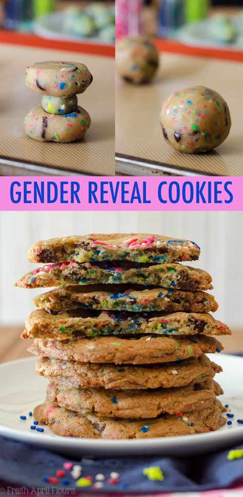 Classic chocolate chip cookies baked with a surprise of colored sprinkles inside perfect for revealing the gender of a baby. #freshaprilflours #cookies #genderreveal Baby Reveal Cakes, Drop Sugar Cookies, Classic Chocolate Chip Cookies, Frozen Rolls, Gender Reveal Cookies, Shipping Cookies, Roll Cookies, Cutout Sugar Cookies, Gender Reveal Cake