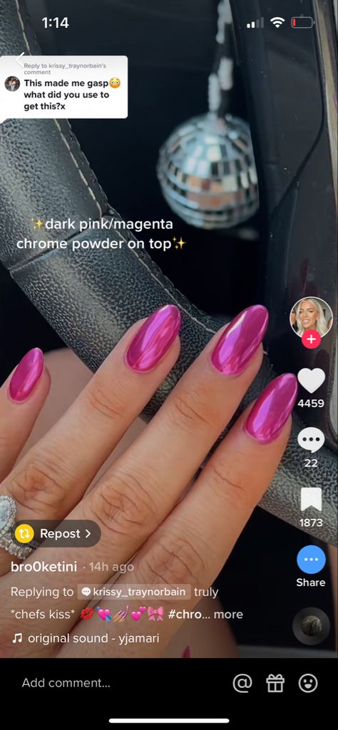 Hot Pink Magenta Nails, Magenta Valentine Nails, Cute Magenta Nails, Magenta Nail Art Design, Homecoming Nail Ideas Simple, Hot Pink Chrome Acrylic Nails, Sparkly Magenta Nails, Hot Magenta Nails, Prom Nails Magenta