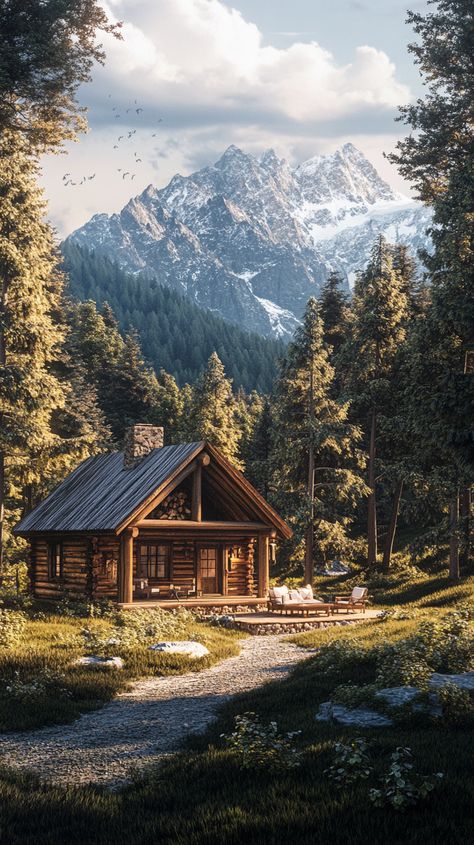 Picture of a cozy cabin nestled in the woods with breathtaking mountain scenery Cabin In The Woods Aesthetic Dark, Cabin In The Woods Aesthetic, Christmas Cabin In The Woods, Cabin Wallpaper, Alaska Cabin, Camping Wallpaper, Forest Homes, Snowy Cabin, Cabin Vibes