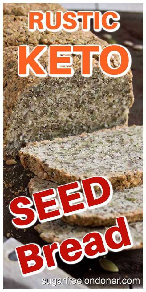 This rustic keto bread is nutrient-dense, grain free and packed with seeds. This low carb seed bread is perfect for gluten free, sugar free and low carb diets. No eggy taste! Keto Seeded Bread Recipes, Keto Seed Bread, Flaxseed Bread Keto, Low Carb Buns, Low Glycemic Cookies, Seed Bread Recipe, Low Glycemic Bread, Low Carb Food Recipes, Easy Low Carb Breakfast