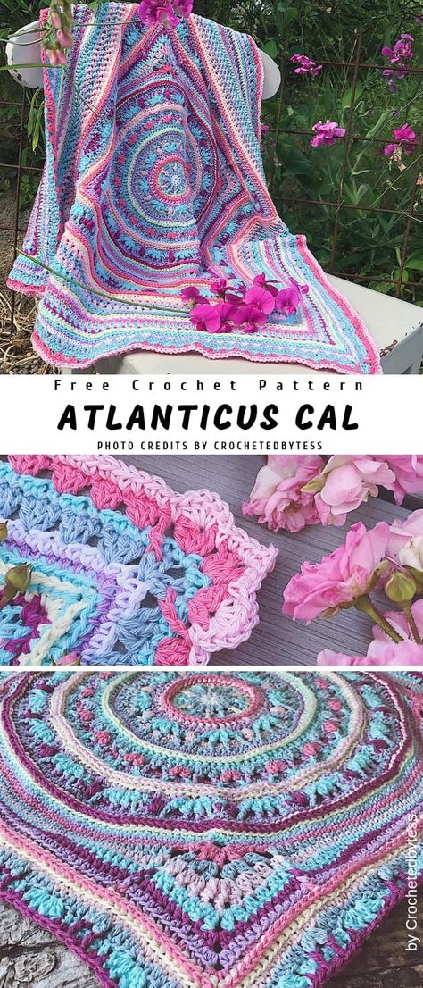 Atlanticus CAL Crochet Blanket Ideas - Pattern Center Cal Crochet, Crochet Mandala Pattern, Afghan Crochet, Haken Baby, Crochet Square Patterns, Granny Squares Pattern, Crochet Diy, Crochet Mandala, Granny Square Crochet Pattern