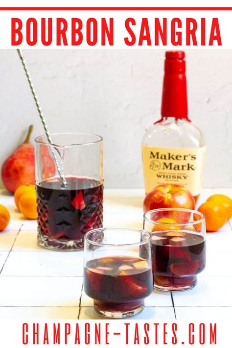 This bourbon sangria is made with dry red wine, fruit, and just a little juice for an easy pitcher cocktail that's perfect for fall and winter. Red Wine Sangria Fall, Bourbon Sangria, Red Sangria Recipes, Easy Sangria Recipes, Red Wine Recipe, Red Wine Sangria, Pitcher Cocktails, Sangria Cocktail, Sweet Bourbon