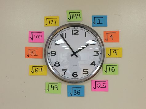 Use your classroom clock as an "anchor chart" for quick square root reference Teaching Square Roots, Square Root Anchor Chart, Maths Charts For High School, Junior High Math, Math Clock, Classroom Clock, Easy Math Activities, High School Math Classroom, Math Classroom Decorations