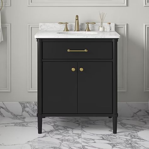 allen + roth Rian 30-in Onyx Black Undermount Single Sink Bathroom Vanity with White Engineered Marble Top in the Bathroom Vanities with Tops department at Lowes.com Half Bath White Vanity Black Hardware, Black Hardware Vanity Bathroom, Powder Room Tables, Glam Powder Room Target, Rejuvenation Powder Room, Black Vanity Bathroom Hardware, Blck Bathroom Vanity, Black Marble Top Bathroom Vanity, Black Dresser Vanity Bathroom