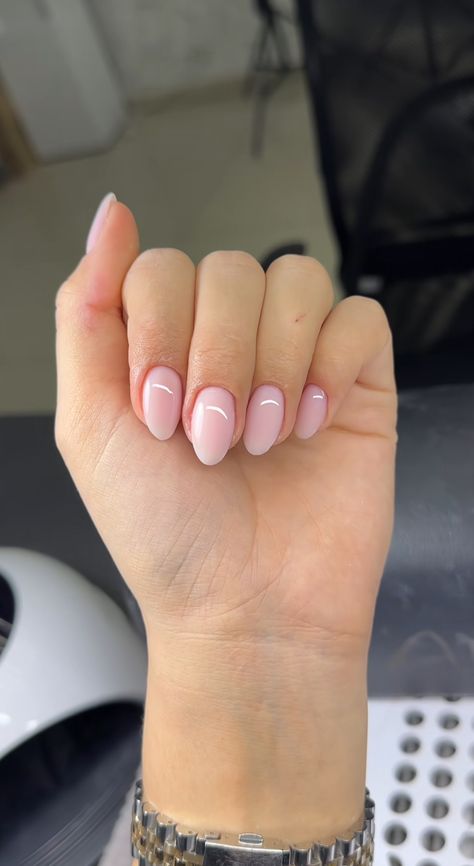 Light Pink French Almond Nails, Pale Pink Nails French Tips, Almond Light Pink Nails, Almond Light Pink Nails French Tip, Light Pink Rounded Nails, Senior Picture Nails Ideas, Light Pink Nude Almond Nails, Neutral Almond Nails, Round Acrylic Nails