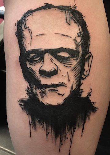 Universal Monsters Tattoo, Horror Tattoo Ideas, Frankenstein Tattoo, Horror Movie Tattoos, Scene Tattoo, Monster Tattoo, Occult Tattoo, Tattoo Shading, Street Tattoo