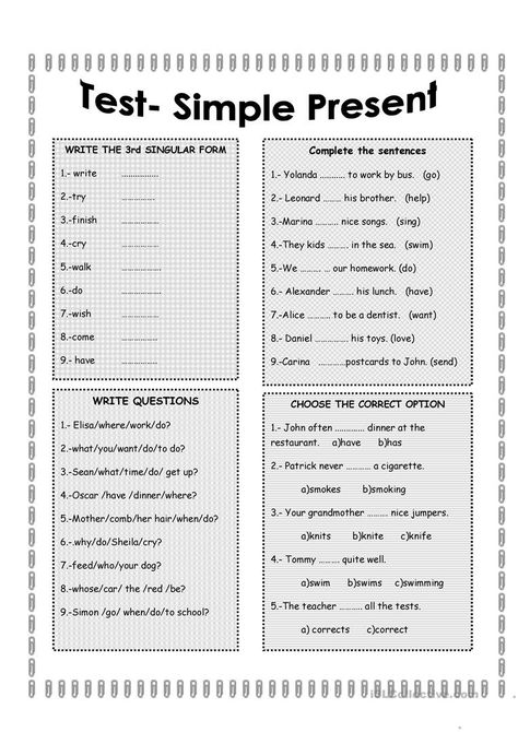 TEST -SIMPLE PRESENT - English ESL Worksheets for distance learning and physical classrooms Present Simpl, Simple Present Tense Worksheets, Simple Present Tense, Simple Present, Present Tense, English Test, Simple Sentences, Grammar And Vocabulary, Esl Teaching