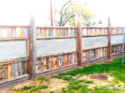 Reuse Fence Panels, Pallet Privacy Fence, Rustic Wood Fence Ideas, Fence Made From Metal Roofing, Fence Out Of Recycled Materials, Double High Pallet Fence, Timber And Corrugated Iron Fence, Pallet Privacy Fences, Cheap Privacy Fence