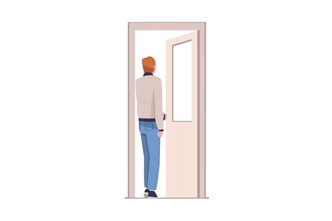 Character Opening Door Drawing, Man Close, Person Cartoon, Open Door, Frozen Disney, Man Character, Leaving Home, Blue Block, The Door