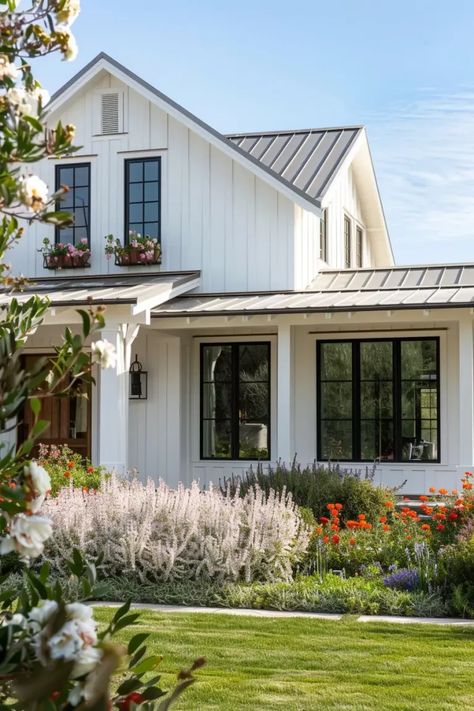 40 Charming Farmhouse Exterior Design Ideas for a Timeless Look Coastal Farmhouse House Exterior, Modern White Paint Colors, Transitional Farmhouse Exterior, Scandinavian Farmhouse Exterior, White Cottage Exterior, Exterior Modern Farmhouse, Coastal Farmhouse Exterior, Cottage Farmhouse Exterior, Modern Farmhouse Exterior Colors