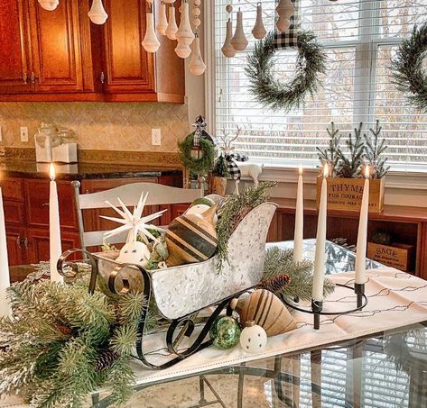 Tabletop Sleigh Decor, Tabletop Sleigh Decorating Ideas, Table Top Sleigh Decorating Ideas, Sleigh Centerpiece Christmas, Sleigh Decorating Ideas Christmas, Holiday Centerpieces For Tables, Christmas Tray Decor, Christmas Dining Room Decor, Christmas Buffet