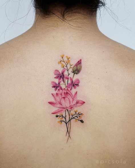 Orchids, Lotus, and Burmese Rosewood flower tattoo by tattooist picsola inked on the upper back Tattoos Orchid, Delicate Flower Tattoo, Vintage Flower Tattoo, Simple Flower Tattoo, Orchid Tattoo, Watercolor Tattoo Flower, Wildflower Tattoo, Beautiful Flower Tattoos, Small Flower Tattoos