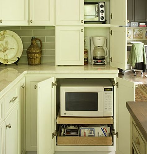 hidden microwave in lower cabinet on pull out shelf Appliances Organization, Kitchen Appliance Garage, Hidden Microwave, Kitchen Appliances Organization, Hide Appliances, Functional Kitchen Design, Kitchen Appliance Storage, Appliance Garage, Small Kitchen Island