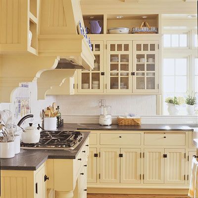 . Pale Yellow Kitchens, Bead Board Cabinets, Yellow Kitchen Cabinets, Kitchen Yellow, Yellow Cabinets, New Kitchen Cabinets, Yellow Kitchen, Upper Cabinets, Trendy Kitchen