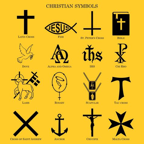 christian symbols -  christian symbols latin cross fish saint peter Bible dove alpha omega IHS Chi Rho lamb rosary scapular tau andrew anchor crucifix malta jesus God inverted biblical religion chain gold eternity history illustration vector graphic belief ancient mary carmo faith miracles catholic prayer medal gift salvation Biblical Symbols, Catholic Symbols, Biblical Tattoos, Tattoos And Meanings, Catholic Beliefs, Chi Rho, Faith Tattoo, Symbols And Meanings, Symbol Tattoos