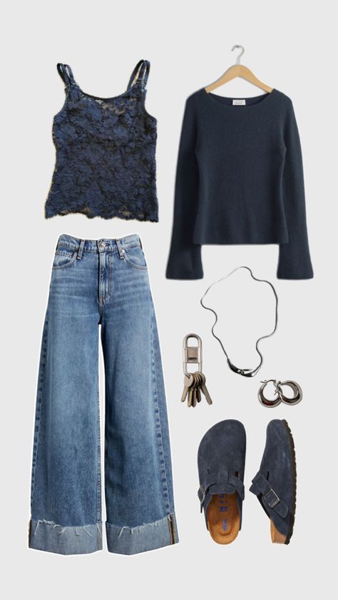 navy blue sweater, suede boston clogs, lace tank top, wide leg fold over jeans, silver jewelry Degree Outfit, Navy Outfit, Cute Lazy Day Outfits, Swaggy Outfits, Cute Everyday Outfits, Basic Outfits, Fall Winter Outfits, Comfy Outfits, Cute Casual Outfits