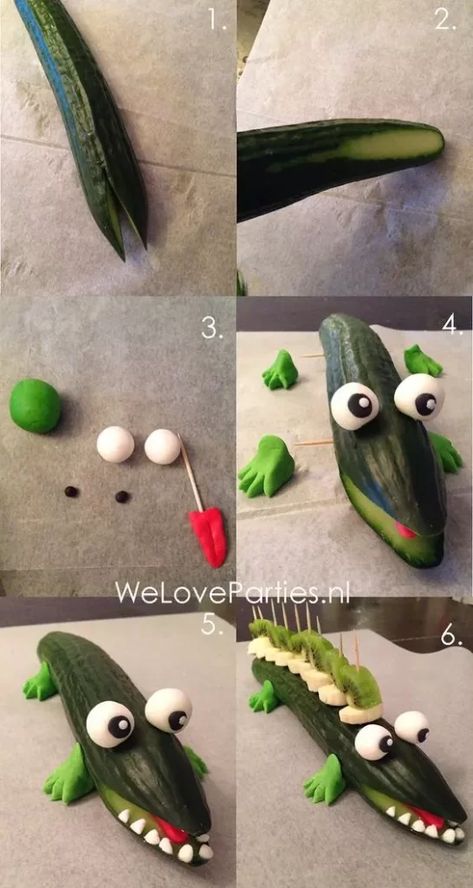 19 Creative Alligator Themed Baby Shower ideas (3 Free Printable) Crocodile Food Ideas, Vegetable Animals, Kids Treat, Healthy Treat, Kids Party Food, Funny Food, Food Garnishes, Snacks Für Party, Safari Party