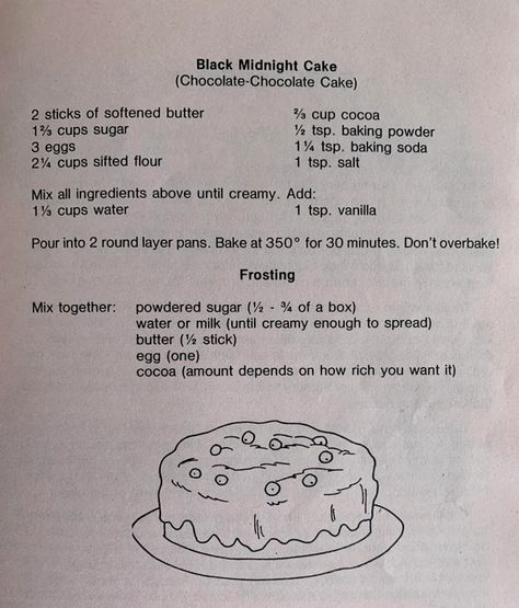 2 1/4 cups all-purpose flour (do not use self-rising flour) or 2 1/4 cups cake flour ( do not use self-rising flour) 1 2/3 cups sugar 2/3 cup baking cocoa 1 1/4 teaspoons baking soda 1 teaspoon salt 1/4 teaspoon baking powder 1 1/3 cups water 2/3rds cup shortening 2 eggs ( 1/3 to 1/2 cup) (My edition says 3 eggs. Use three.) 1 teaspoon vanilla Mix on Low 1/2 min, Hi 3 min bake 45 min Oblong Hershey Recipes, Midnight Cake, Swiss Buttercream, Butter Bread, Sounds Good To Me, Cake Icing, Food Test, Cold Coffee, My Grandmother