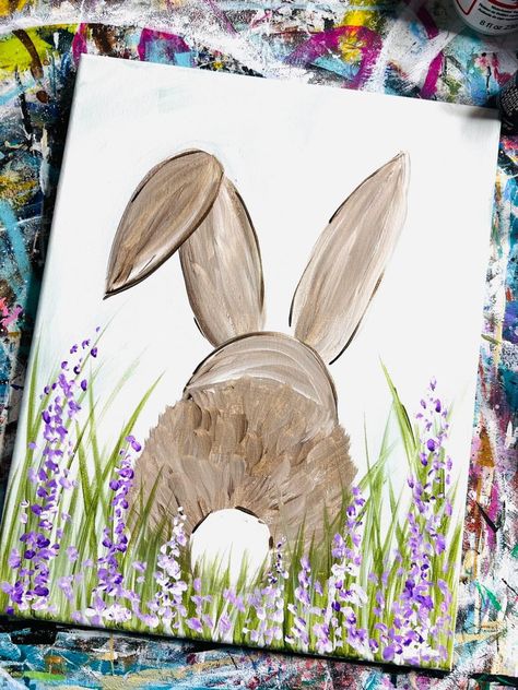 Spring Time Painting Ideas, Bunny Painting Acrylic Easy, Easy Bunny Paintings For Beginners, Easter Paint Night Ideas, Bunny Painting Simple, Bunny Paintings Easy, Mommy And Me Painting Ideas Canvases, Simple Easter Paintings, Easter Acrylic Painting Easy