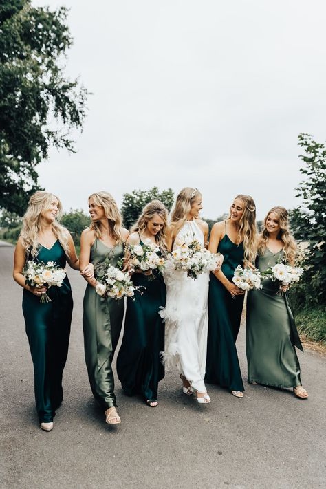 different coloured green satin bridesmaid dresses Green Satin Bridesmaid Dresses, Sperry Tent Wedding, Mismatched Bridesmaids, Mismatched Bridesmaid Dresses, Green Dresses, Green Bridesmaid, Rock My Wedding, Bridesmaid Dress Colors, Green Bridesmaid Dresses