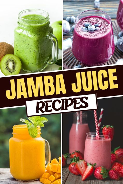 These copycat Jamba Juice recipes are just as good as the real deal! From Caribbean Passion to Peanut Butter to Peach Pleasure, you can enjoy all of your favorite smoothies at home. Copycat Jamba Juice, Jamba Juice Recipes, Jamba Juice Smoothies, Fruit Juice Recipes, Juice Smoothies Recipes, Jamba Juice, Passion Fruit Juice, Creamy Smoothies, Smoothie Drink Recipes