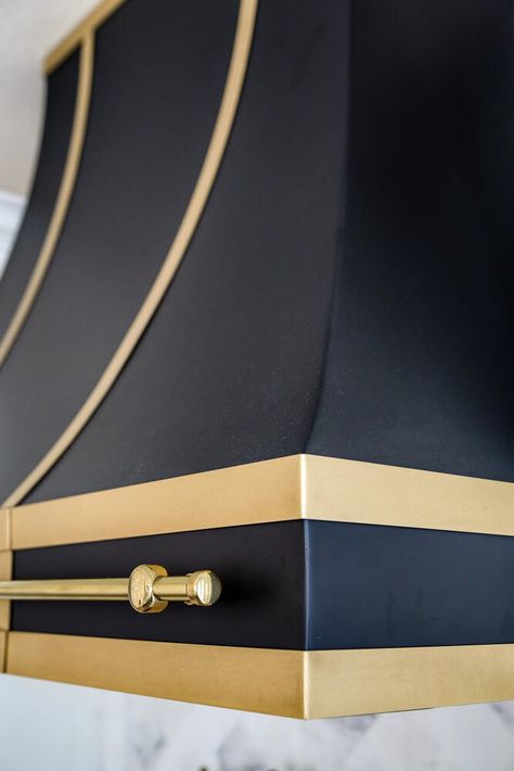 Classic Range Hoods, Black And Brass Hood, Gold Hood Vents Kitchen, Black And Brass Range Hood, Custom Oven Hoods, Black And Gold Range Hood, Oven Hood Design, Metal Range Hood Kitchen, Beautiful Range Hoods