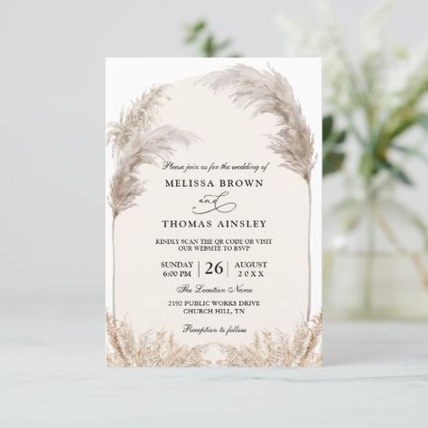 $2.20 | Boho Floral Pampas Grass Budget QR Code Wedding #elegant, modern, simple, budget, rustic, minimalist, floral, greenery, watercolor, eucalyptus Qr Code Wedding, Rustic Minimalist, Rustic Elegant Wedding, Watercolor Eucalyptus, Floral Greenery, Elegant Wedding Invitation, Wedding Elegant, Simple Budget, Free Birthday Invitations