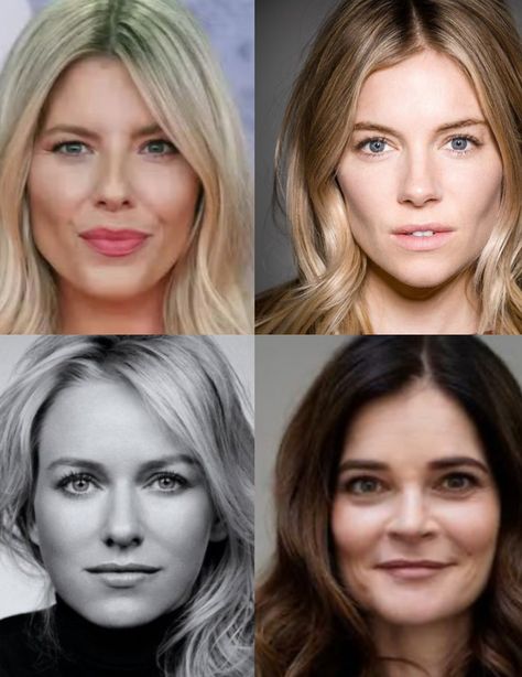 mollie king, sienna miller, naomi watts, and betsy brandt, all natural classic style type Whats My Face Shape, Wonder Wardrobe, Romantic Essence, Ethereal Style, Style Roots, Style Essence, Romantic Classic, Bone Structure, Makeup Advice