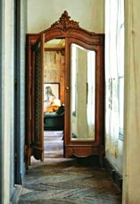 a wardrobe built-in to the wall leads to different rooms : the house in my dreams Interesting Decor Ideas, Upcycled House Decor, Secret Speakeasy Entrance, French Country Doors Interior, Antique Wardrobe, Koti Diy, Doors Repurposed, Door Bathroom, Wardrobe Door