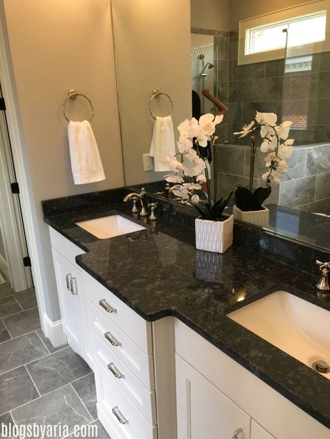 Bathroom Granite Countertops, Bathroom Granite, Granite Bathroom Countertops, Granite Bathroom, Dark Bathrooms, Countertop Options, Park House, Dark Granite, Nautical Bathrooms