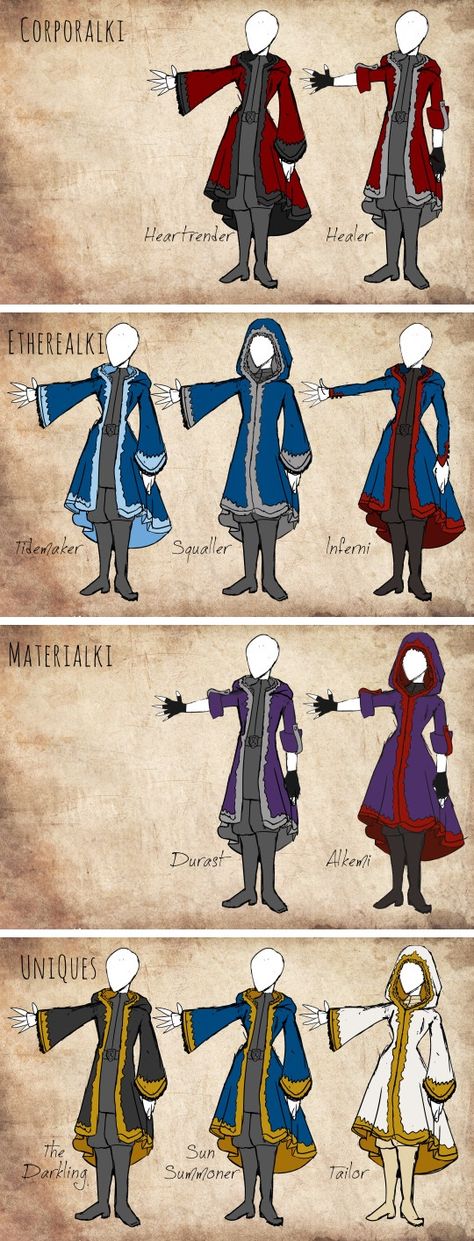 ©kitain.tumblr.com: Rough sketch interpretations of the kefta from the Grisha trilogy. They’re all hooded and fur-lined, can be worn open or closed, with minor tailoring differences between specialties. Inferni have close-fitted sleeves to avoid catching fire, and Materialki and Healers can pin their sleeves up to work. I tried to take Russian design into consideration, but nothing with a hood looks Russian… Maybe I’ll do a hoodless collared version, too. Materialki Grisha Kefta, Grisha Clothes, Shadow And Bone Grisha Kefta, Kefta Grisha Tailor, Shadow And Bone Kefta Colors, Kefta Shadow And Bone, Grisha Kefta Design, Grisha Verse Fanart, Shadow And Bone Inspired Outfits