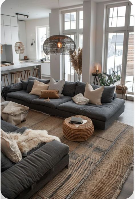 Masculine Living Room White Walls, Earthy Modern Living Room Ideas, Grey Sectional Living Room Ideas, Kid Friendly Living Room Ideas, Dark Neutral Living Room, Small Living Room Makeover, Gray Interior Design, Dark Grey Couch Living Room, Dark Sofa