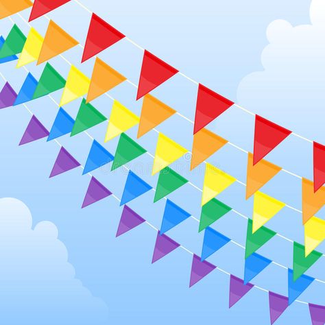 Photo about A rainbow of vector pennants against a cloudy sky. Illustration of purple, flag, rainbow - 9424747 Wedding Flags, Outdoor Garland, Rainbow Backdrop, Rainbow Parties, Bunting Flag, Pennant Flags, Felt Banner, Banners Buntings, Fabric Bunting