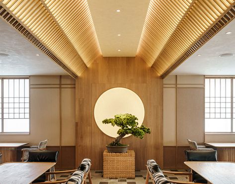 Japanese Lounge at Base Anfu - red design on Behance Scda Architects, Japanese Restaurant Interior, Japanese Restaurant Design, Feature Lighting, Wooden Ceiling, 3d Environment, Zen Style, Faux Plafond, Ceiling Detail