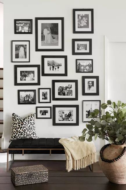 Family Pictures On Wall, Dark Paint Colors, Neutral Furniture, Space Interiors, Black And White Decor, White Rooms, Room Pictures, Living Room Pictures, Dream Spaces