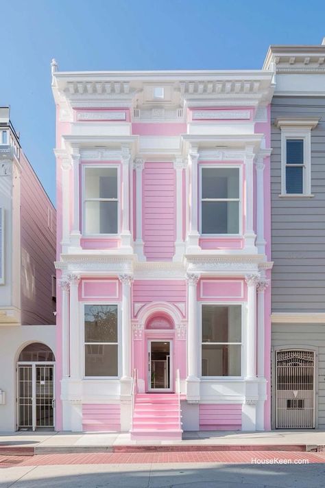 This two-story home features a charming combination of pink and white, creating a fresh and inviting look. Pink Brick House, List Of Cities, City Homes, Row Houses, Gorgeous Interiors, Brick Home, Colourful Buildings, Pink House, House Doors