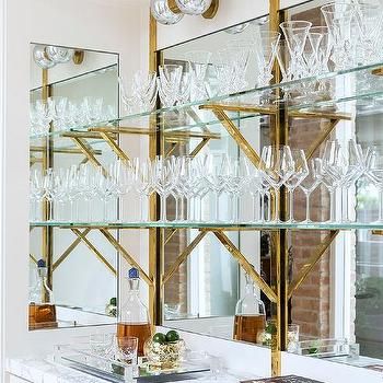 Glass And Brass Bar Shelves Design Ideas Brass Barstools, Brass Bar Shelves, Glass Bar Shelves, White Bar Cabinet, Antique Mirror Backsplash, Shelves Design Ideas, Wet Bar Cabinets, Mirrored Subway Tile, Erin Gates Design