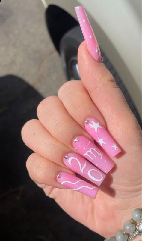 Birthday Nails Virgo 20, 23 Birthday Nails Design, Pink Birthday Nails Virgo, Pretty Birthday Nails Pink, Birthday Nails For Virgos, 22nd Birthday Nail Designs, Pink Taurus Birthday Nails, Birthday Nails For Libras, Nails 22 Birthday