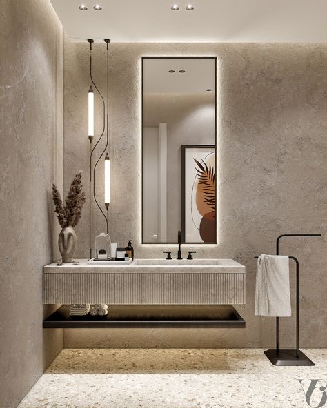 Reception and dining area on Behance Bathroom Tile Design Ideas, Contemporary Powder Room, Tile Design Ideas, Concrete Effect Paint, Modern Bathroom Interior, Small Bathroom Sinks, Restroom Design, Bathroom Design Trends, Washroom Design