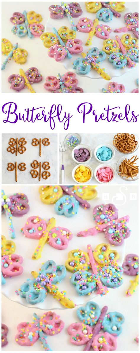 Butterfly Pretzels - Dragonfly Pretzels - Butter With A Side of Bread Butterfly Pretzels, Deco Cupcake, Butterfly Birthday Party, Pretty Butterfly, Path Design, Kids Treat, Butterfly Party, Butterfly Birthday, Things To Make