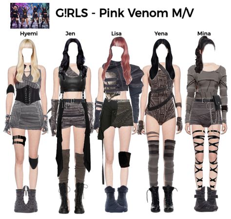 G!RLS [Pink Venom] M/V outfit ideas | G!RLS Blackpink Outfit Inspired, Venom Outfit, V Outfit, Kpop Dream, Red Hair With Bangs, Friends Clothing, Blackpink Outfit, Black Leather Corset, Black Waist Belt