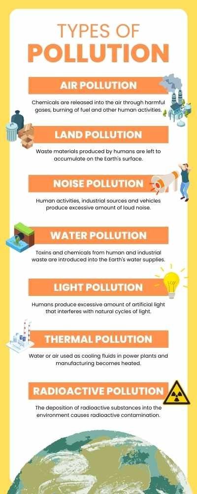 Pollution Types English Infographic Types Of Pollution Poster, Pollution Infographic, Pollution Activities Worksheets, English Infographic, Botany Notes, Types Of Pollution, Pollution Activities, Substitute Teacher Tips, Social Science Project