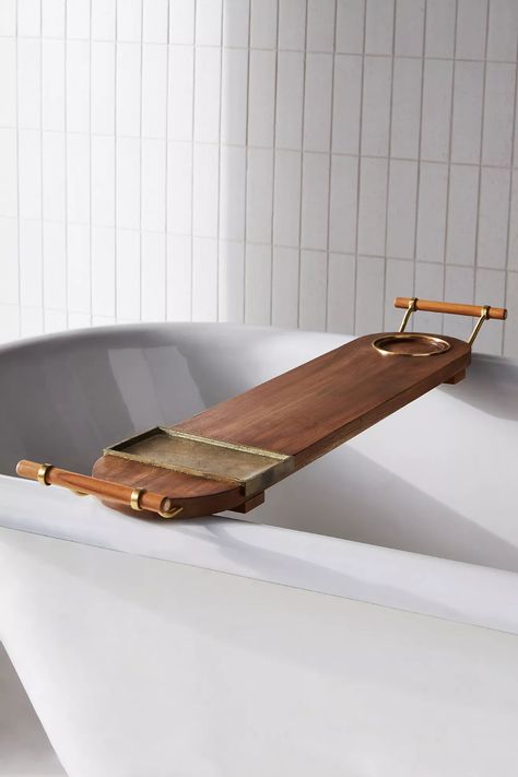 Bath Salt Decor Bathroom, Free Standing Bath Tub Accessories, Clawfoot Tub Caddy, Teak Shower Caddy, Tub Caddy Wooden, Bath Tub Aesthetic, Bathroom Restock, Bath Tub Caddy, Bath Tub Tray