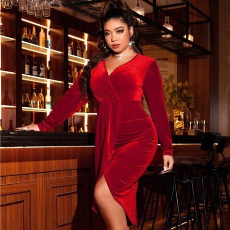 Shein Bae Plus Surplice Neck Wrap Hem Velvet Dress 1xl Red Velvet Party Dress, Velvet Bodycon Dress, Long Sleeve Wrap Dress, Women Maxi, Dress Plus Size, Basic Style, Outfits Casuales, V Neck Dress, Velvet Dress