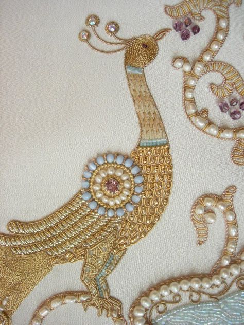 Stylized Peacock, Embroidery Goldwork, Russian Embroidery, Goldwork Embroidery, Gold Work Embroidery, Zardozi Embroidery, Pearl Embroidery, Tambour Embroidery, Beadwork Embroidery